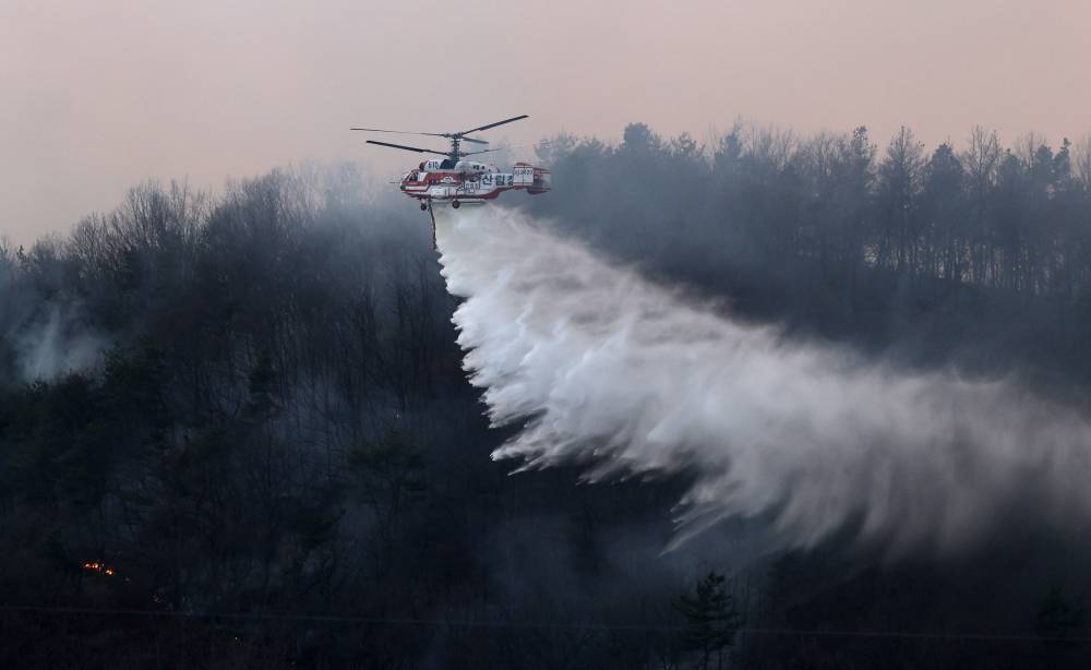 A helicopter performs a water drop on a wildfire in North Gyeongsang province, South Korea, March 22, 2025. (Photo via Xinhua)