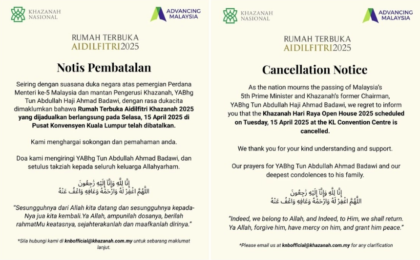 Khazanah Nasional Bhd has cancelled its Hari Raya Open House 2025 as a mark of respect following the passing of Malaysia’s fifth prime minister and former Khazanah chairman, Tun Abdullah Ahmad Badawi.
