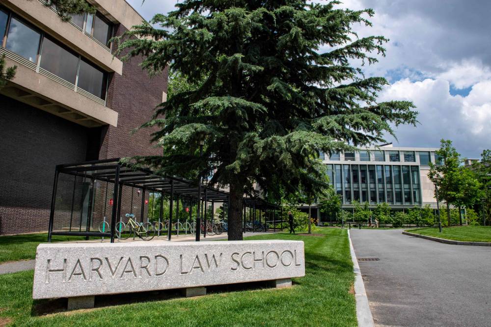 The entrance to Harvard Law School in Cambridge, Massachusetts, on June 29, 2023. (Photo by Joseph Prezioso / AFP)