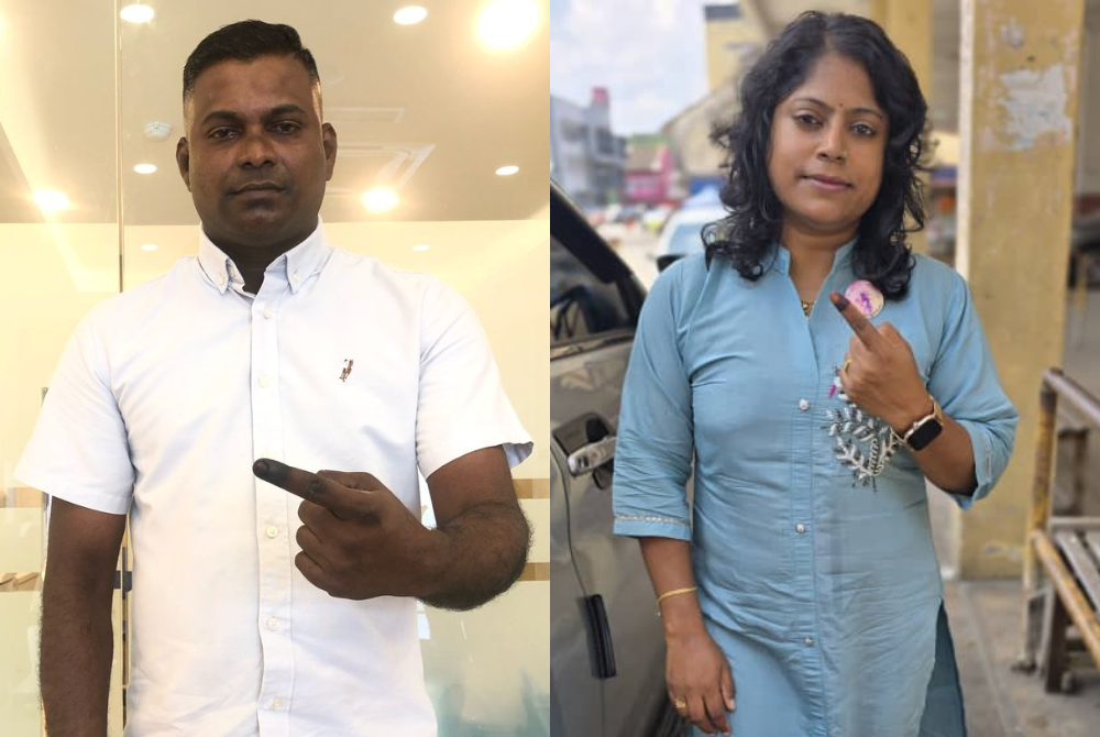 Sathiavelan Kaniappan (left) and Valiammah Subramaniam (right) after casting their vote for Ayer Kuning by-election today.