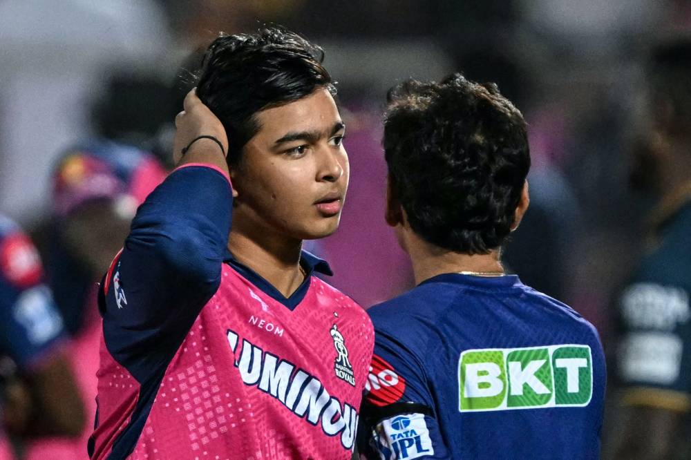 Rajasthan Royals' Vaibhav Suryavanshi gestures at the end of the Indian Premier League (IPL) Twenty20 cricket match between Rajasthan Royals and Gujarat Titans at the Sawai Mansingh Stadium in Jaipur on April 28, 2025. (Photo by Sajjad HUSSAIN/AFP)