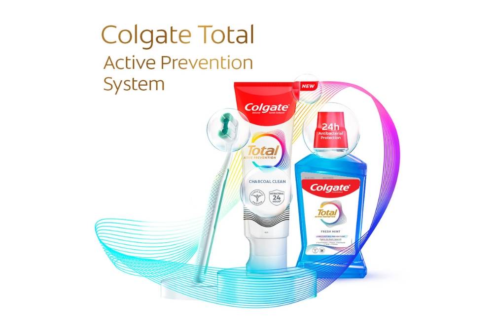 Colgate Total Active Prevention System, on top of the toothpaste, consists of Colgate Total Foaming Clean toothbrush and Colgate Total Fresh Mint Mouthwash to support a complete preventive routine.