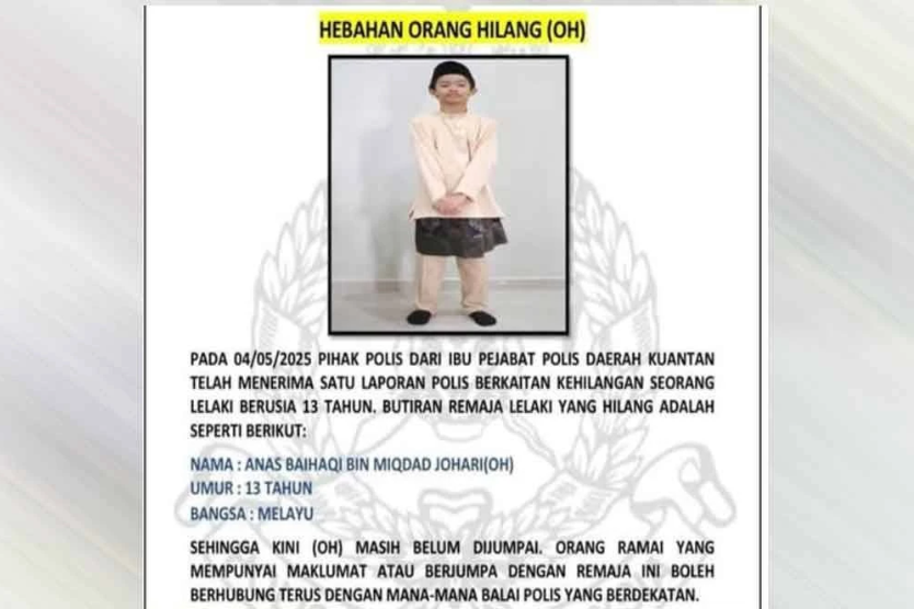 The boy was last seen wearing a red T-shirt, black track pants, and Puma sneakers.