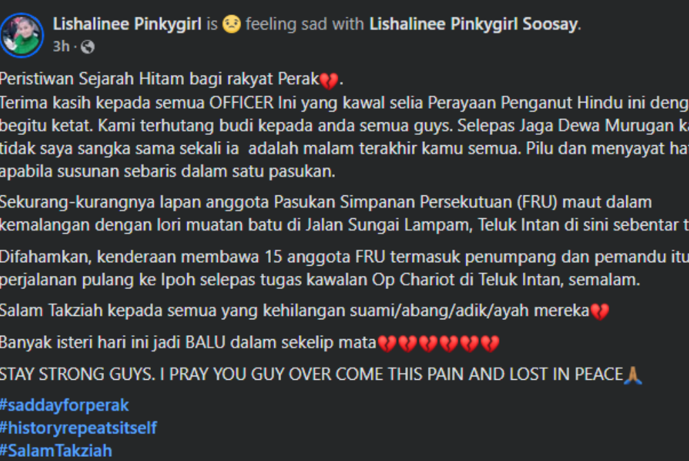 Screenshot of Lishalinee's post on Facebook.