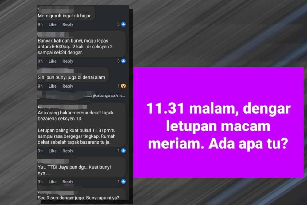 Loud, cannon-like sounds shook Shah Alam residents Tuesday night, sparking online chatter. Reports across Facebook from Section 2 to TTDI Jaya pointed to firecrackers near the Section 13 Ramadan bazaar, with the loudest heard at 11.31pm causing windows to rattle.