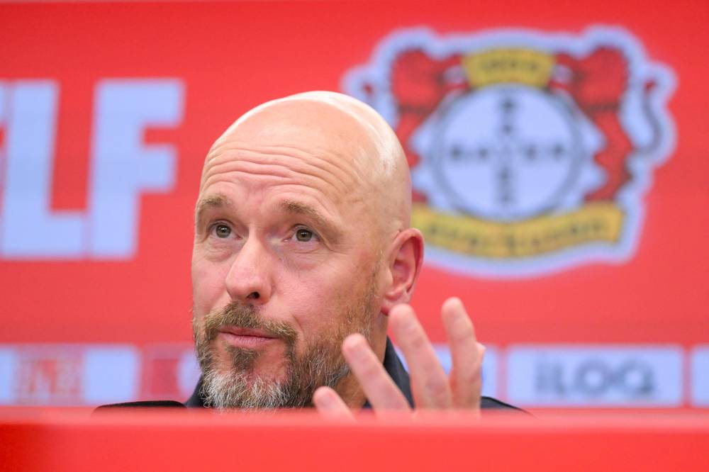The new head coach of German Bundesliga team Bayer Leverkusen, Erik ten Hag delivers a press conference in Leverkusen, western Germany, on May 26, 2025. Hag will take over as head coach of German Bundesliga team Bayer Leverkusen, with a contract running until June 30, 2027, the club announced on May 26, 2025. (Photo by INA FASSBENDER / AFP)