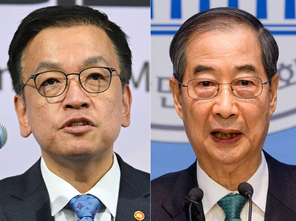 (COMBO) This combination of pictures made on May 27, 2025 shows South Korea's Finance Minister Choi Sang-mok (L) attending a joint press conference on South Korea's post impeachment situation in Seoul on December 18, 2024, and former acting president Han Duck-soo speaking to formally announce his candidacy for the presidential election at the National Assembly in Seoul on May 2, 2025. (Photo by Anthony WALLACE and Jung Yeon-je / AFP)