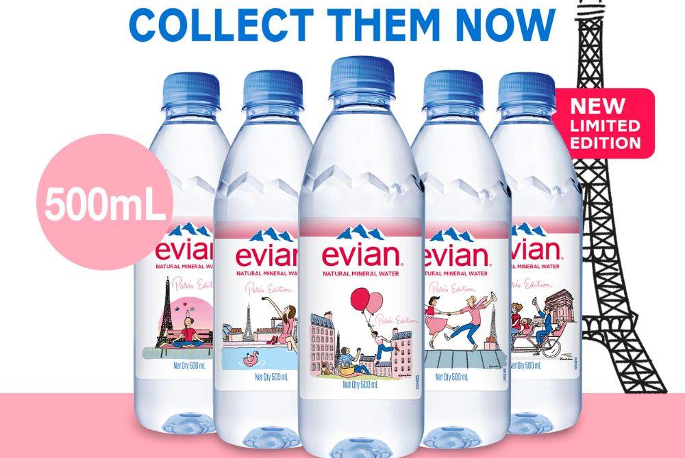 Kanako Kuno's whimsical and lively designs are featured across five beautifully crafted bottles, each portraying Parisian scenes of rejuvenation and everyday bliss. Photo courtesy of Evian Malaysia.