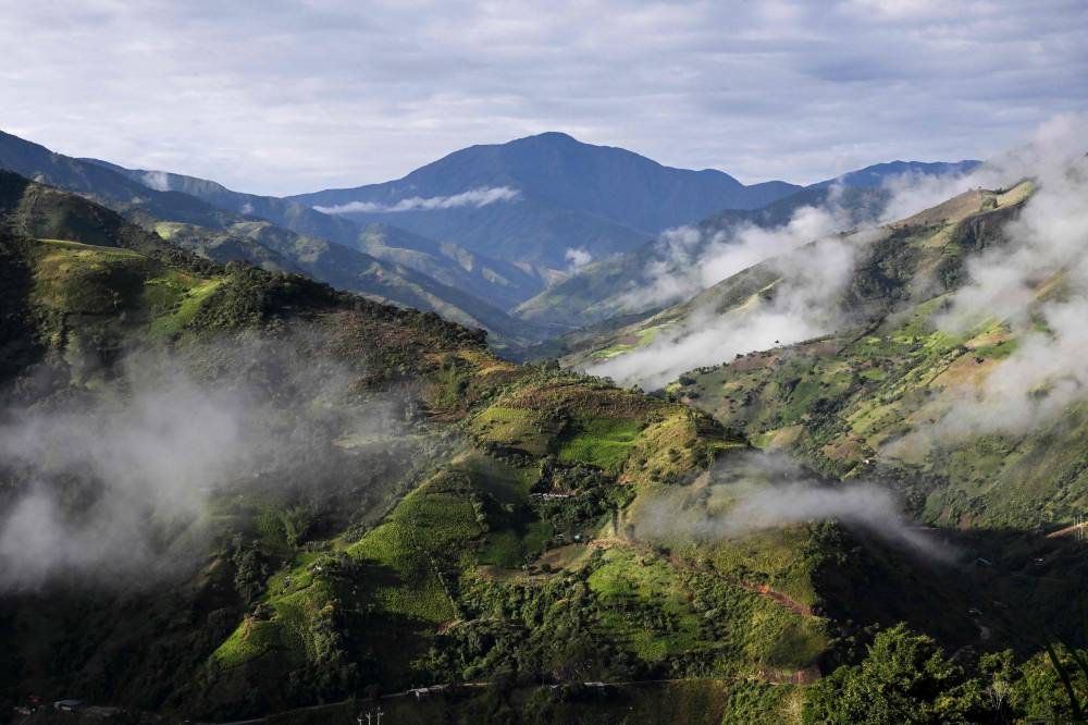 View of the mountains near in Argelia, Cauca department, Colombia, on May 6, 2025. Alirio Caicedo and his son Nicolas uproot the coca plants they planted a decade ago. Their leaves are coveted by drug traffickers, but these farmers have made a commitment to the Colombian government to eliminate the cultivation of the main component of cocaine in exchange for money. (Photo by JOAQUIN SARMIENTO / AFP)