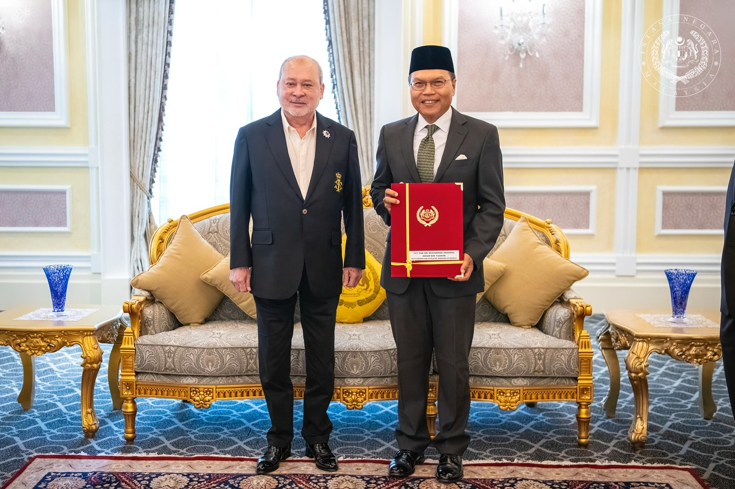 His Majesty Sultan Ibrahim presented the Letter of Credence to Shahrul Ikram at a ceremony held at Istana Negara on Tuesday. Photo: Sultan Ibrahim Sultan Iskandar official Facebook