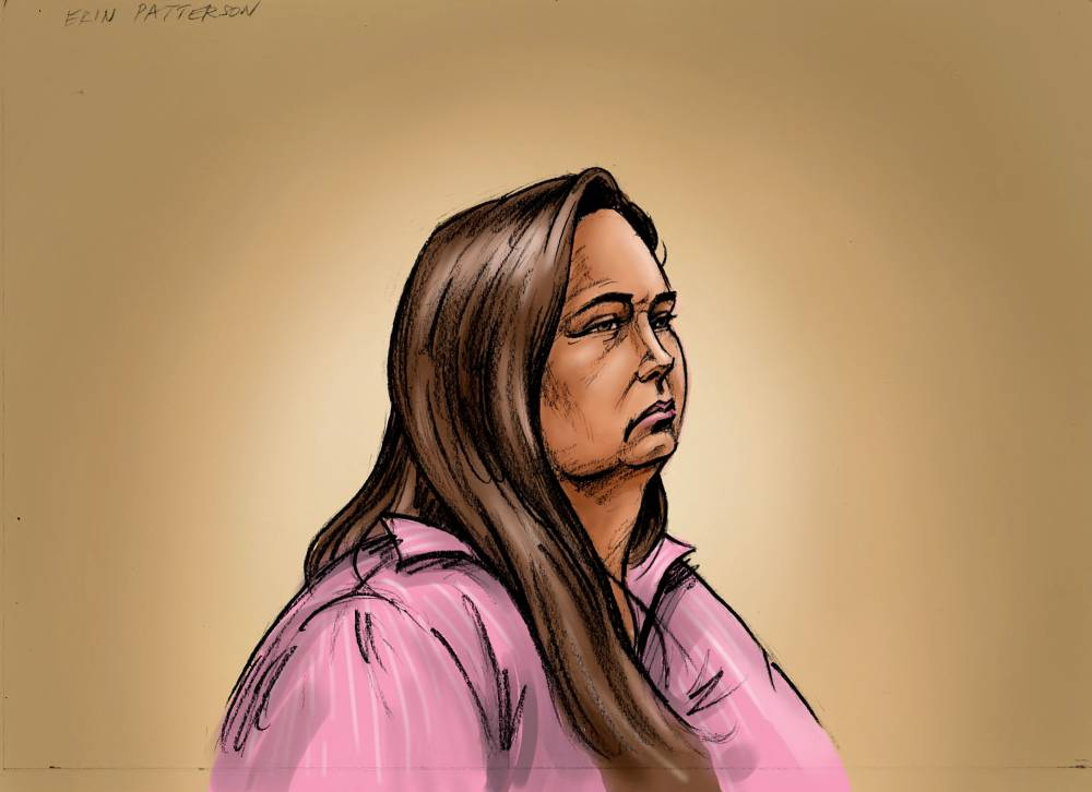 A handout sketch received from the Supreme Court of Victoria on April 29, 2025 shows Erin Patterson, an Australian woman accused of murdering three people with a toxic mushroom-laced beef Wellington, as she faces trial in a case that has grabbed global attention. - (Photo by Paul Tyquin / SUPREME COURT OF VICTORIA / AFP)