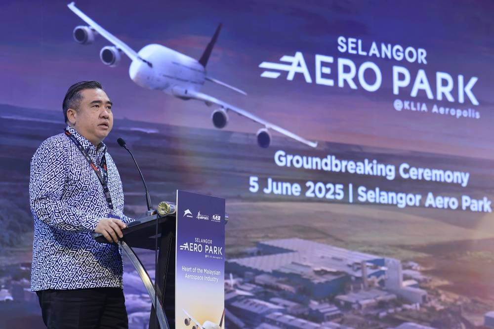 Transport Minister Anthony Loke deliver his speech during the Selangor Aero Park groundbreaking today. - Photo by Bernama