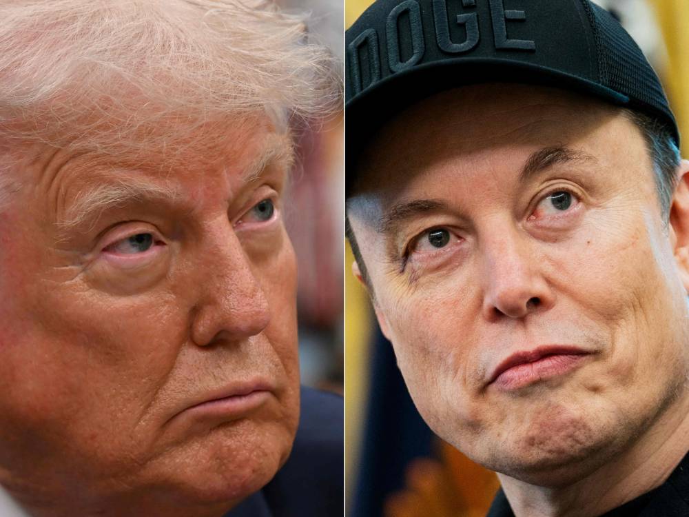 This combination of pictures created on June 5, 2025 shows US President Donald Trump in the Oval Office of the White House, in Washington, DC, on May 5, 2025 and Elon Musk in the Oval Office of the White House in Washington, DC, on May 30, 2025. - (Photo by Alex Wroblewski and Allison Robbert / AFP)