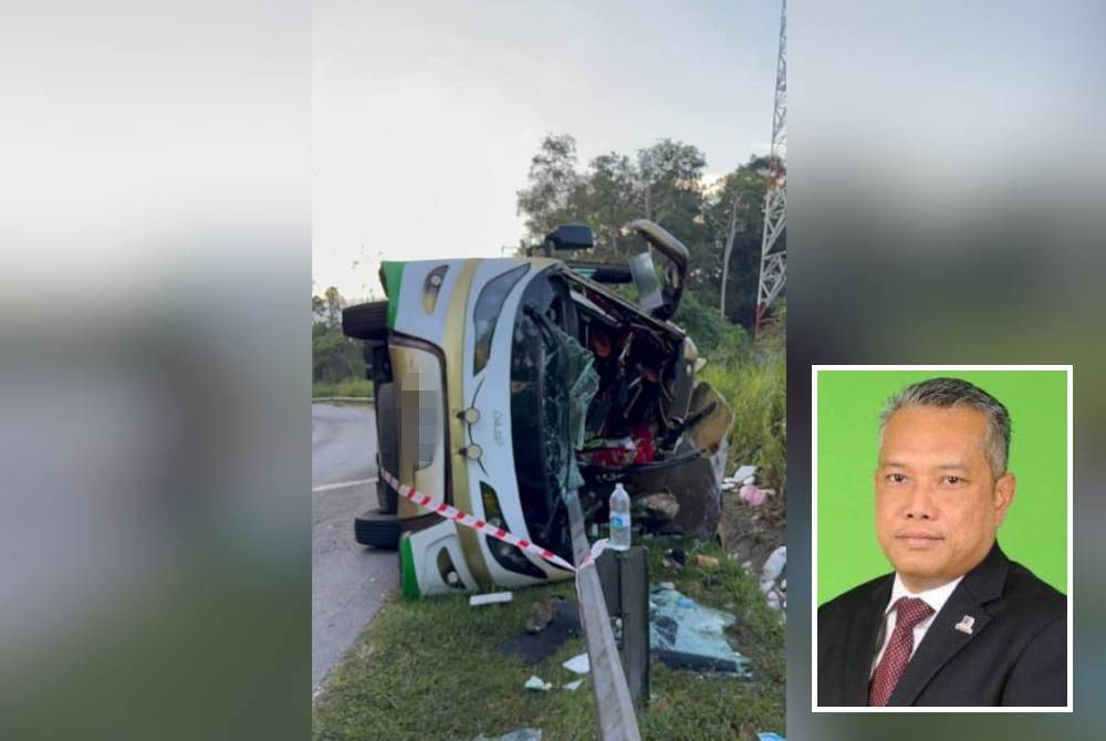 The tour bus involved in the crash on the East–West Highway (JRTB) near Tasik Banding, Gerik, was privately chartered by students for the Hari Raya Aidiladha break. (Inset: Amin)