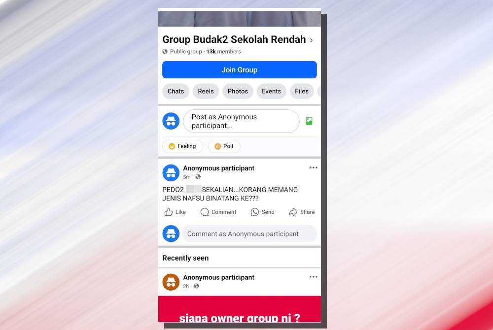 Screenshot of the 'Grup Budak-budak Sekolah Rendah' Facebook group, which is now inaccessible.