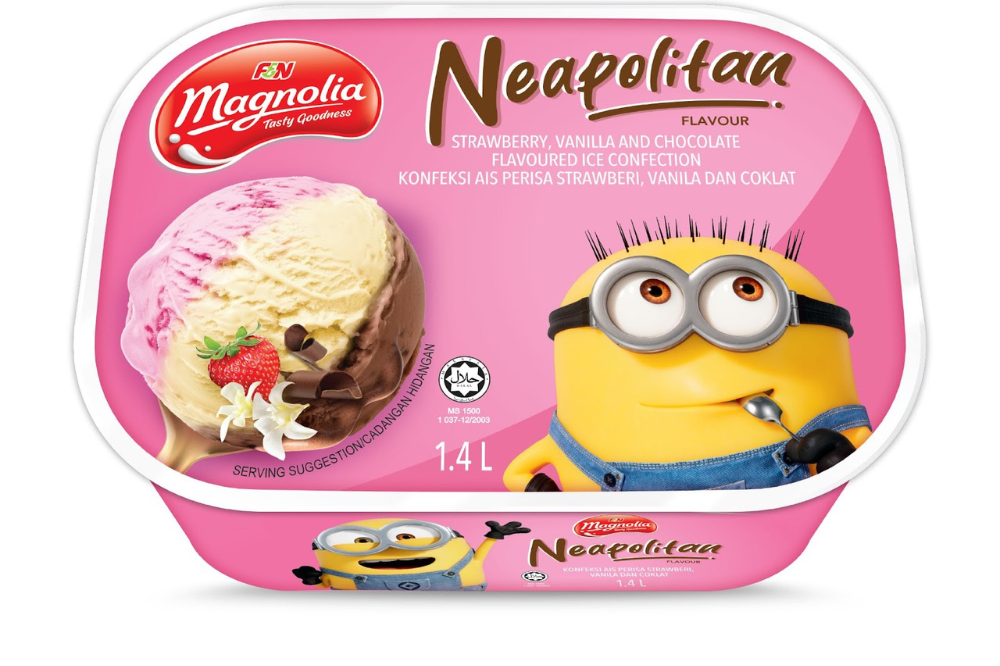 Minions-themed F&N Magnolia Neopalitan ice cream tub.