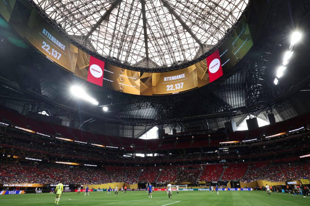 Giant screen shows attendance during the Fifa Club World Cup 2025 group D match between Chelsea FC and Los Angeles Football Club at Mercedes-Benz Stadium on June 16, 2025 in Atlanta, Georgia. Photo by Alex Grimm/AFP