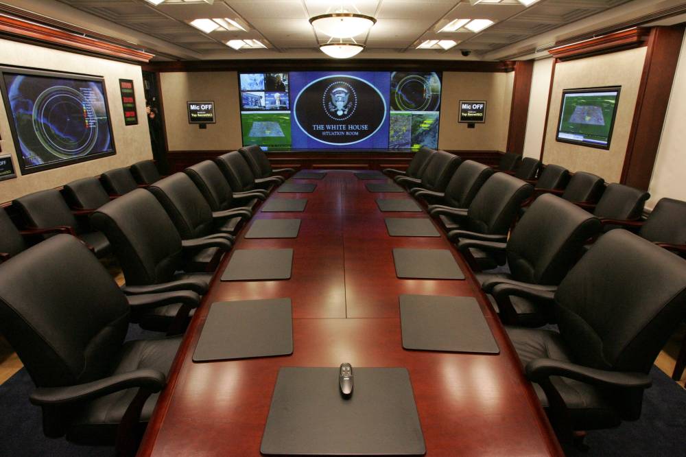 The main conference room is shown inside the Situation Room complex at the White House in Washington, DC. US President Donald Trump flew back early from the G7 summit in Canada late on June 17, 2025, as the conflict between Iran and key US ally Israel escalated, and was set to meet top officials in the White House Situation Room on Tuesday. President Donald Trump dramatically stepped up his rhetoric against Iran's supreme leader on June 18, saying on social media that the United States knows where Ayatollah Ali Khamenei is located but will not kill him "for now." (Photo by Saul LOEB / AFP)