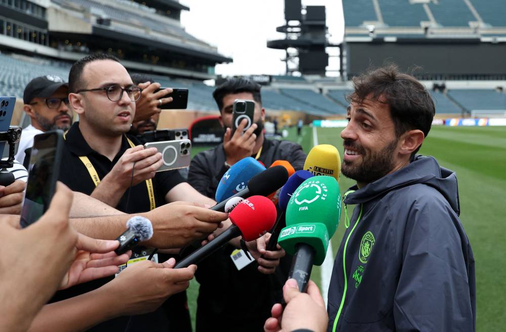 Manchester City's Portuguese midfielder Bernardo Silva speaks to the media at the Lincoln Financial Field stadium in Philadelphia on June 17, 2025 on the eve of the FIFA Club World Cup 2025 Group G football match between England's Manchester City and Morocco's Wydad AC. Photo by AFP