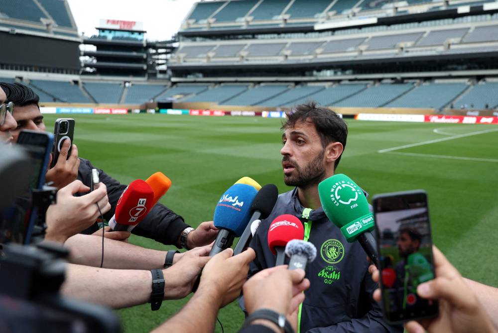 Manchester City's Portuguese midfielder Bernardo Silva speaks to the media at the Lincoln Financial Field stadium in Philadelphia on June 17, 2025 on the eve of the FIFA Club World Cup 2025 Group G football match between England's Manchester City and Morocco's Wydad AC. Photo by AFP