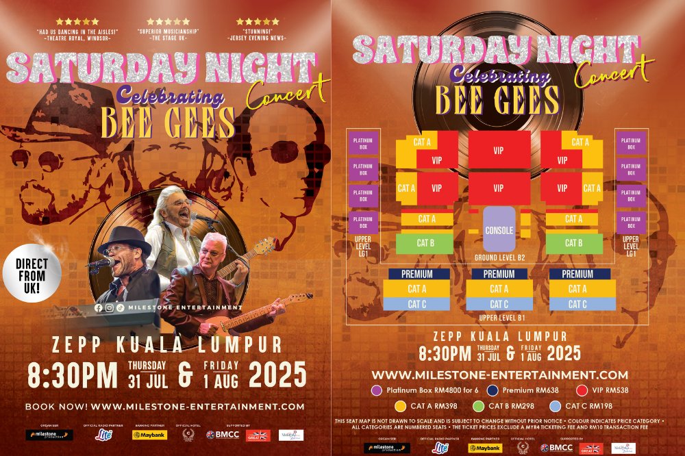 Tickets for Saturday Night, Celebrating Bee Gees are on sale, priced range from RM198 (CAT C) to RM638 (Premium). - Photo by Milestone Production's management