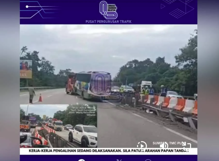 A tour bus carrying 36 Indian nationals and a local driver skidded and crashed on the North-South Expressway near Muallim, but all passengers remarkably escaped unhurt.