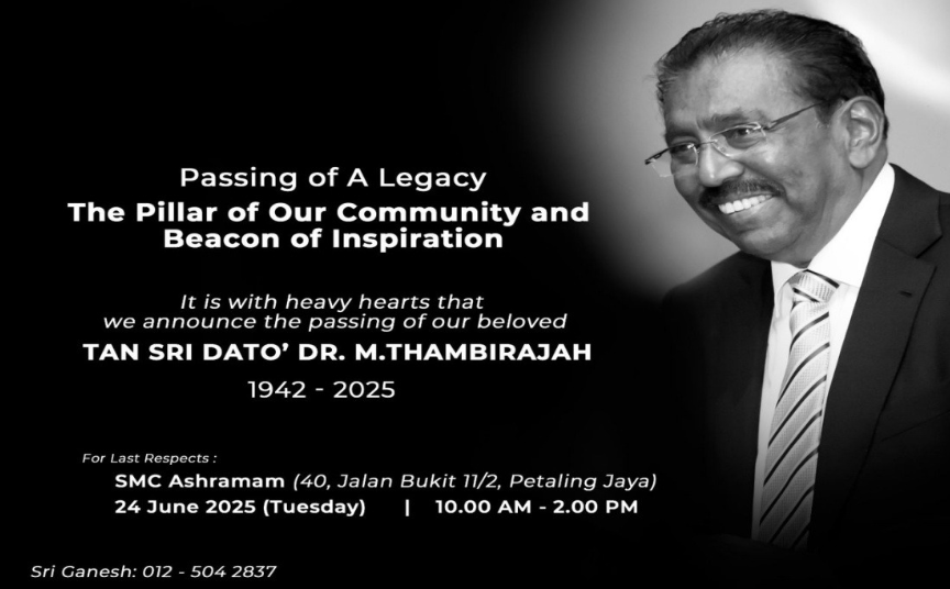 Condolences and floral tributes can be sent to SMC Ashramam, No. 40, Jalan Bukit 11/2, Petaling Jaya, Selangor.