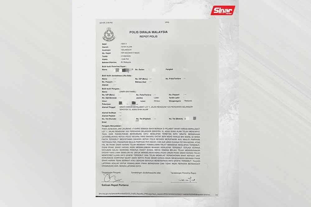 A police report was lodged by Sinar Harian regarding the publication of the infographic at the Sri Muda Police Station in Shah Alam on June 21.