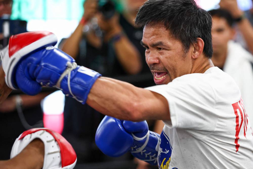 Manny Pacquiao trains at Wild Card Boxing Club on June 25, 2025 in Los Angeles, California. (Photo by Melina Pizano/GETTY IMAGES NORTH AMERICA/Getty Images via AFP)