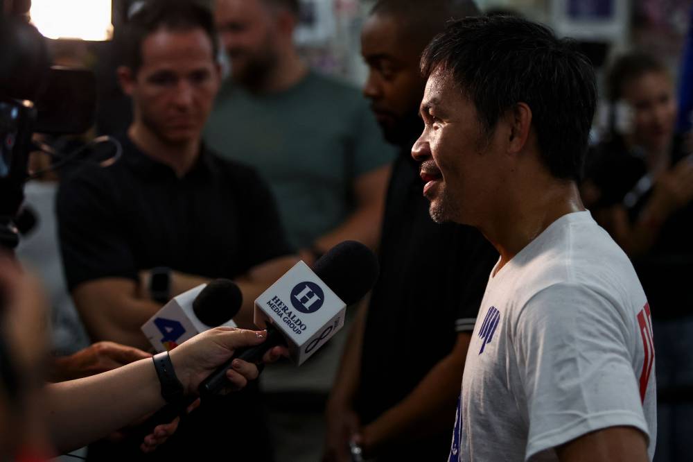 Manny Pacquiao is interviewed by media at Wild Card Boxing Club on June 25, 2025 in Los Angeles, California. (Photo by Melina Pizano/GETTY IMAGES NORTH AMERICA / Getty Images via AFP)