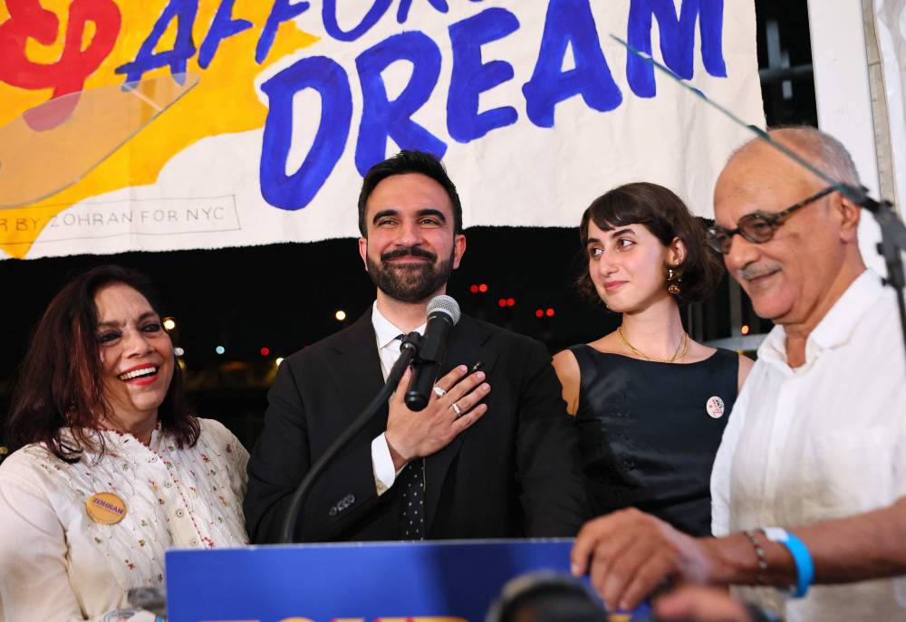 Mira Nair, New York mayoral candidate, State Rep. Zohran Mamdani (D-NY) Rama Duwaji and Mahmood Mamdani celebrate on stage during an election night gathering at The Greats of Craft LIC on June 24, 2025 in the Long Island City neighbourhood of the Queens borough in New York City. AFP photo