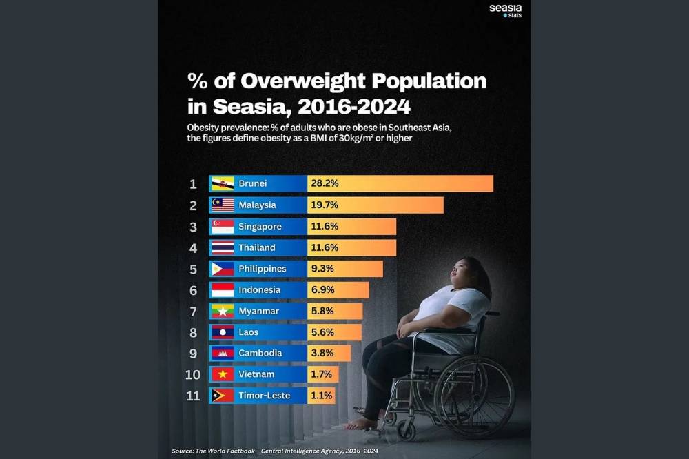 Data from the CIA World Factbook shows Malaysia ranks second in Southeast Asia for obesity, with 19.7 per cent of the population affected. Photo: Screenshot via Sea Asia Stats Instagram account