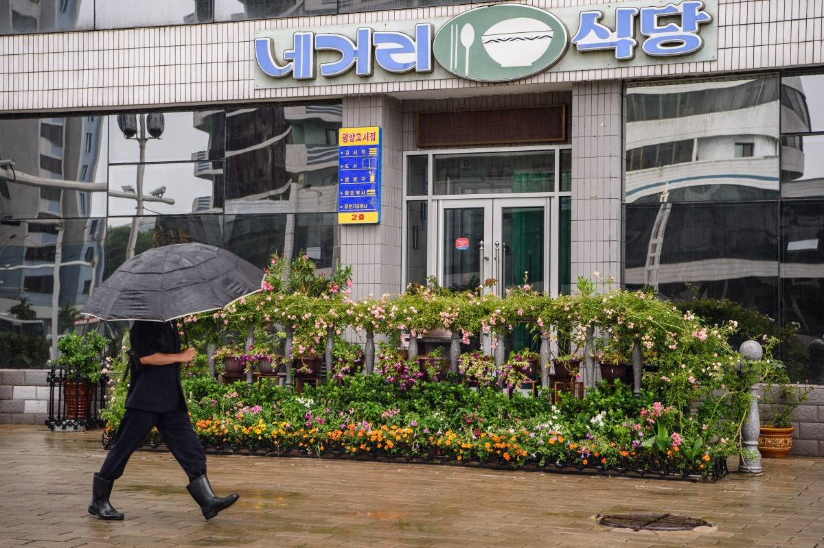 A person uses an umbrella to shelter from heavy rain as they walk along Changjon Street in Pyongyang on June 20, 2025. (Photo by KIM Won Jin / AFP)