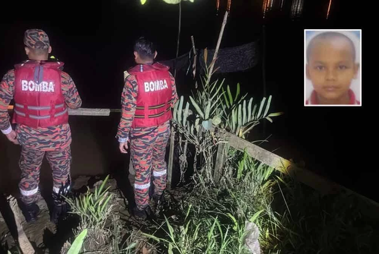 Firefighters conduct a search and rescue (SAR) operation in the river area where the victim is believed to have fallen. Inset: Muhammad Isyraf Danish Razmi.