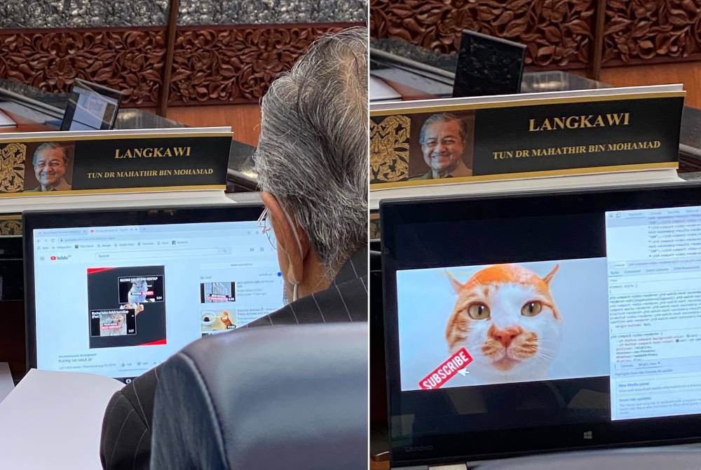 Dr Mahathir watching a video about cats during his time as Langkawi MP a few years ago. Photo: Syed Saddiq's Instagram