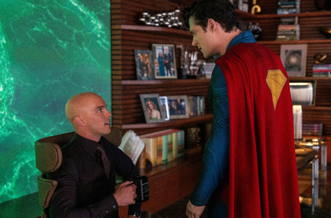Nicholas Hoult’s bald and brooding Lex Luthor exchanges sharp words with Corenswet’s Superman. Photo by Warner Bros. 