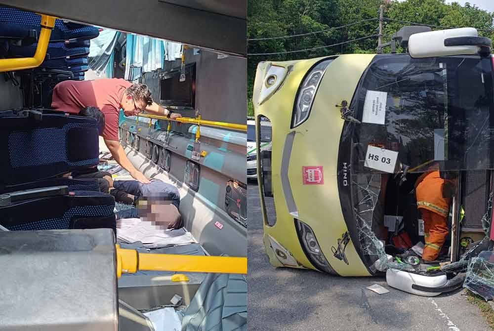 Two people were reported injured after the bus they were travelling in overturned in an incident at Bukit Sentosa on Monday. - Photo: Selangor Fire and Rescue Department