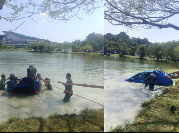 Upon reaching the lake area near the Unimas roundabout, the vehicle is believed to have stopped momentarily by the roadside on a grassy patch before suddenly going out of control and veering into the lake. - Photos courtesy of JBPM