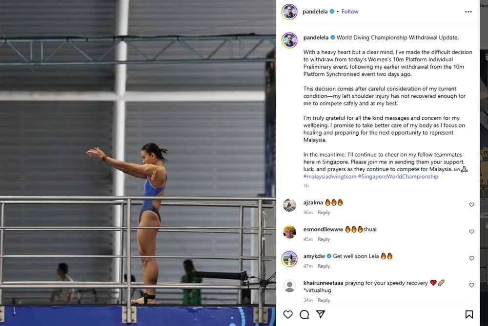 A recurring left shoulder injury has forced national diving queen Datuk Pandelela Rinong to withdraw from the women's 10-metre (m) platform individual event at the World Aquatics Championships in Singapore today. Photo: Instagram