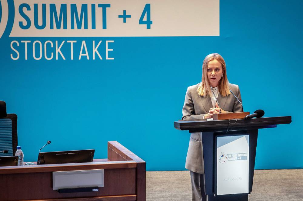 Prime Minister of Italy Giorgia Meloni delivers her remarks during the 2nd UN Food Systems Summit Stocktake (UNFSS 4), co-hosted by Ethiopia and Italy, in Addis Ababa on July 28, 2025.UN chief Antonio Guterres on July 28, 2025 said food must not be used as a weapon of war as world leaders gathered for a food summit in Africa, where 280 million people face hunger and starvation. (Photo by Solan Kolli / AFP)