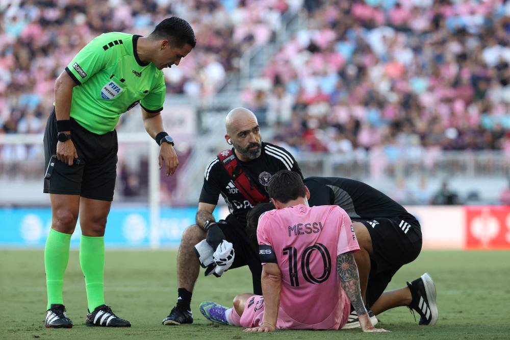 Lionel Messi #10 of Inter Miami CF goes down injured during the Leagues Cup Phase One match between Inter Miami CF and Club Necaxa at Chase Stadium on Aug 2, 2025 in Fort Lauderdale, Florida. - (Photo by Leonardo Fernandez / Getty Images via AFP)
