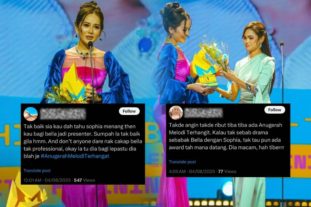 TV3 and its show Melodi are under fire after Bella was made to present an award to her ex-husband’s alleged former flame, Sophia, at AMT25. Photo: Facebook