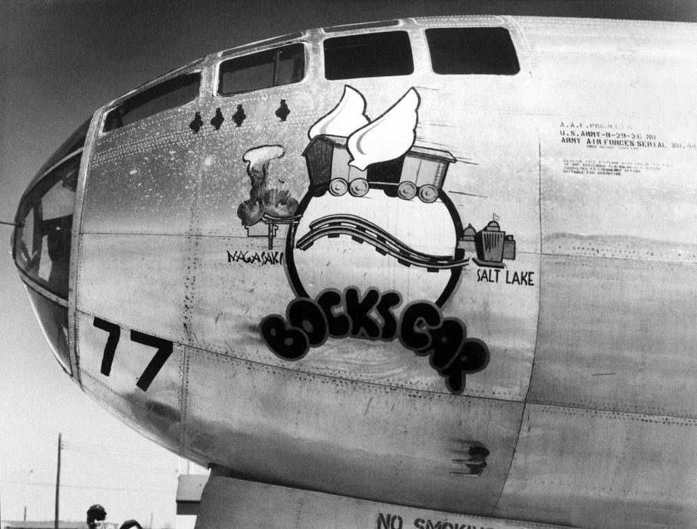 This file photo taken on March 29, 1946 in Roswell, New Mexico shows the US military airplane nicknamed Bockscar, which dropped the atomic bomb on Nagasaki, Japan on August 9, 1945 at the end of World War II. The US nuclear bombing of Hiroshima on August 6, 1945 left around 140,000 people dead. It was followed days later by the bombing of Nagasaki on August 9 that killed around 74,000 people. The twin bombings dealt the final blow to imperial Japan, which surrendered on August 15, 1945, bringing an end to World War II. (Photo by AFP)