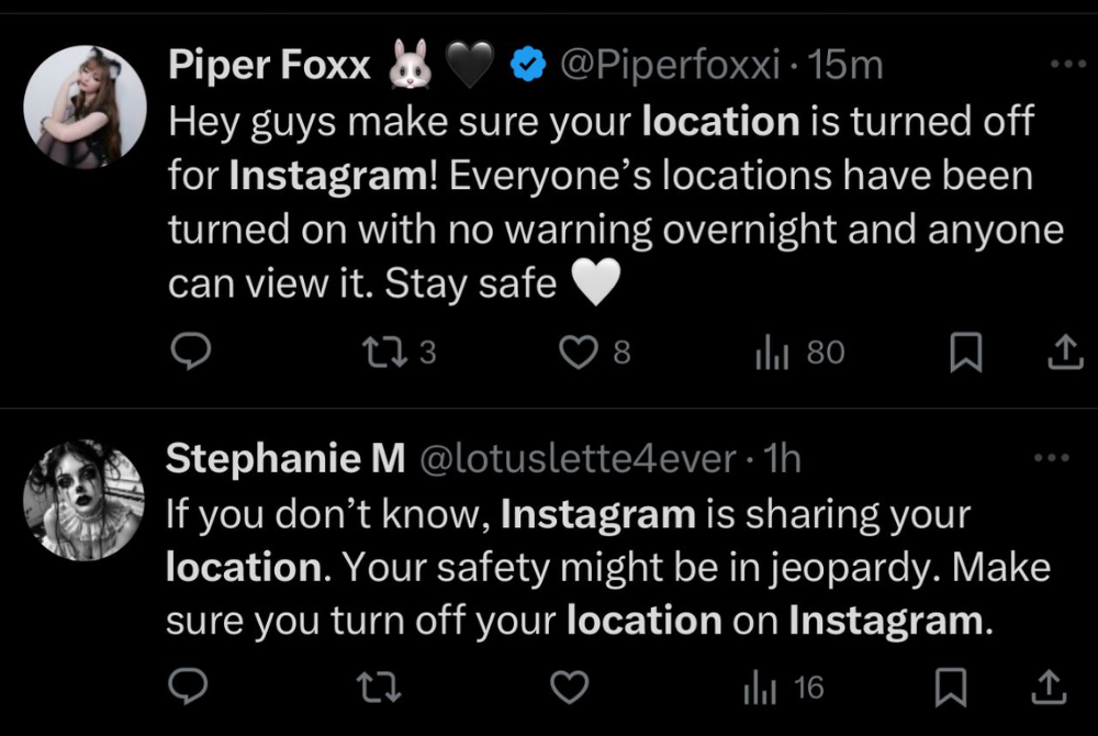Many users, like Piper Foxx (@Piperfoxxi), reported that their location settings had been enabled without warning.