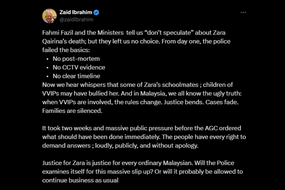 Zaid Ibrahim’s statement, posted on X on Aug 9.