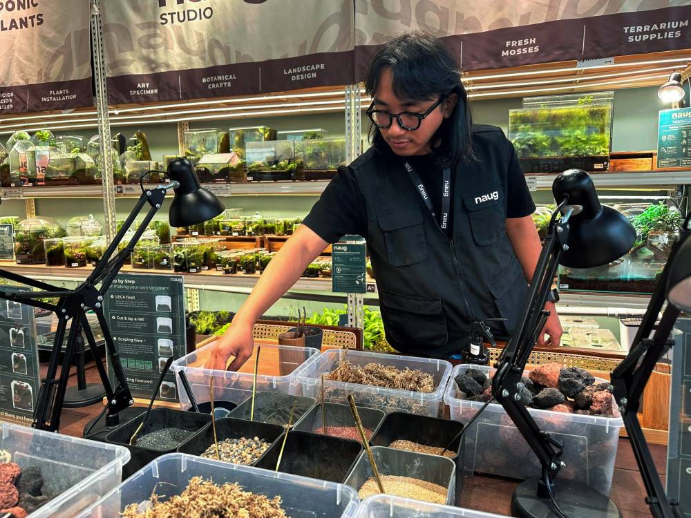 Amirul with the materials combined to create a terrarium, when he was met by Bernama at Southkey Johor Bahru recently. - Bernama photo