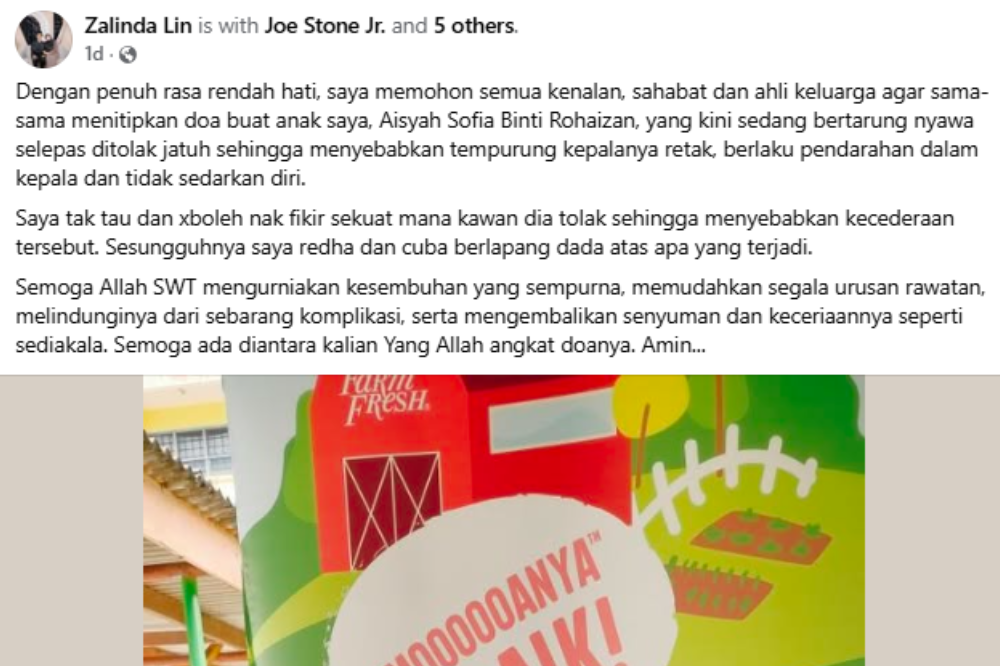 Screenshot of Zalinda's post on Facebook.