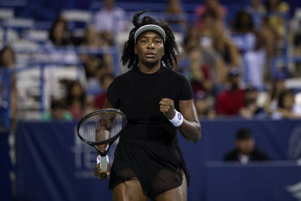 Venus Williams of the United States celebrates after a point against Magdalena Frech of Poland during a women's singles match on day 4 of the Mubadala Citi DC Open 2025 at William H.G. (Photo by Scott Taetsch / GETTY IMAGES NORTH AMERICA / Getty Images via AFP)