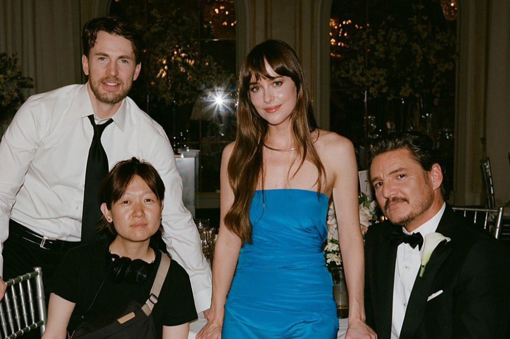 Celine Song and the three lead actors, Dakota Johnson, Pedro Pascal, and Chris Evans - Source: Instagram (@dakotajohnson)