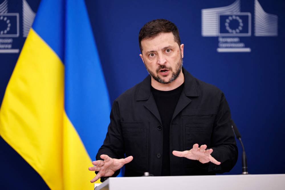 Ukraine's President Volodymyr Zelensky speaks during a joint press conference with European Commission President in Brussels. Photo by Simon Wohlfahrt/AFP